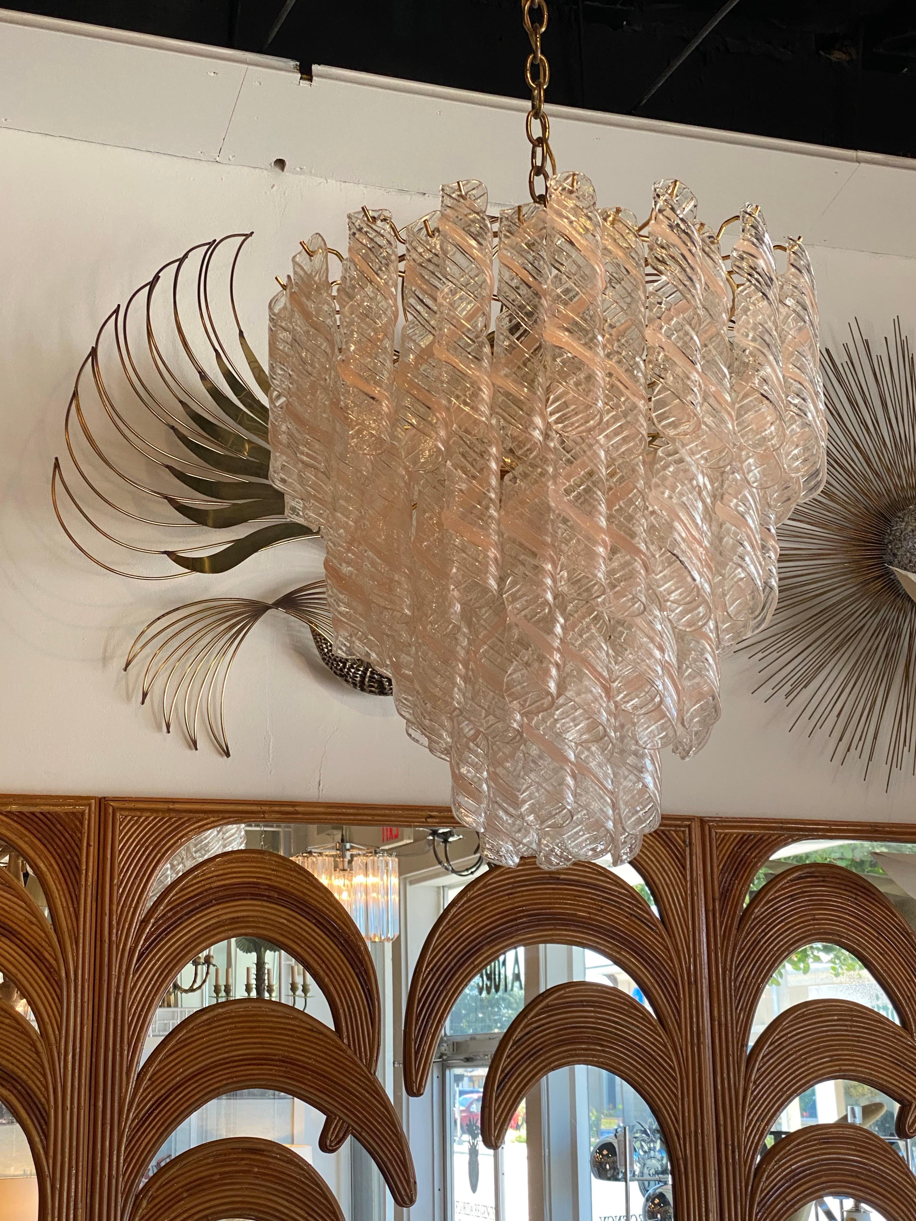 Brass Vintage Murano Mazzega Torciglione Glass Pink Spiral 4-Tier Chandelier 13 Lights