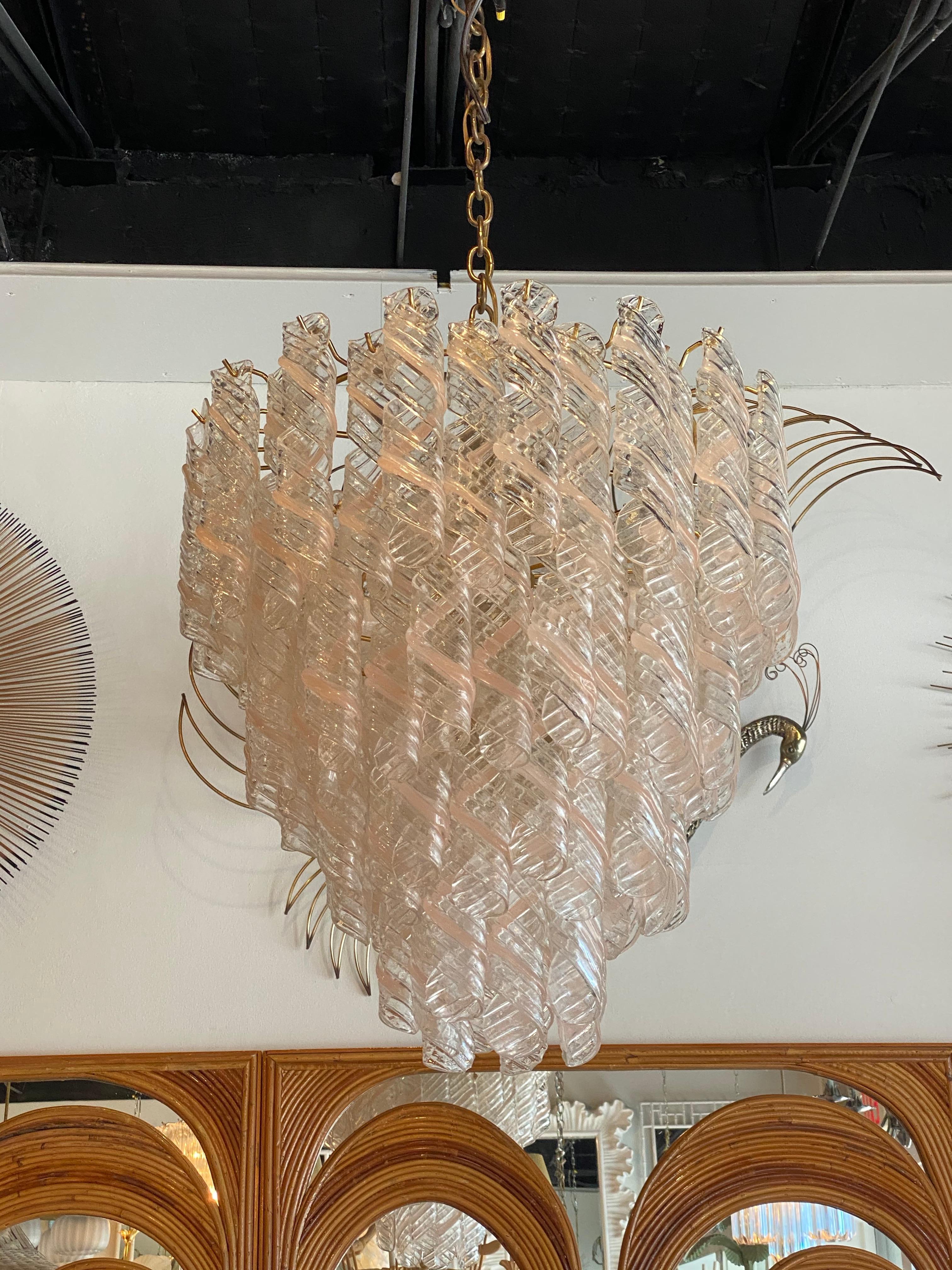 Vintage Murano Mazzega Torciglione Glass Pink Spiral 4-Tier Chandelier 13 Lights 2
