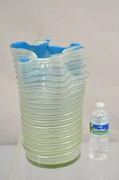 Vintage Murano Mid Century Italian Modern Blue Ribbed Napkin Handkerchief Vase