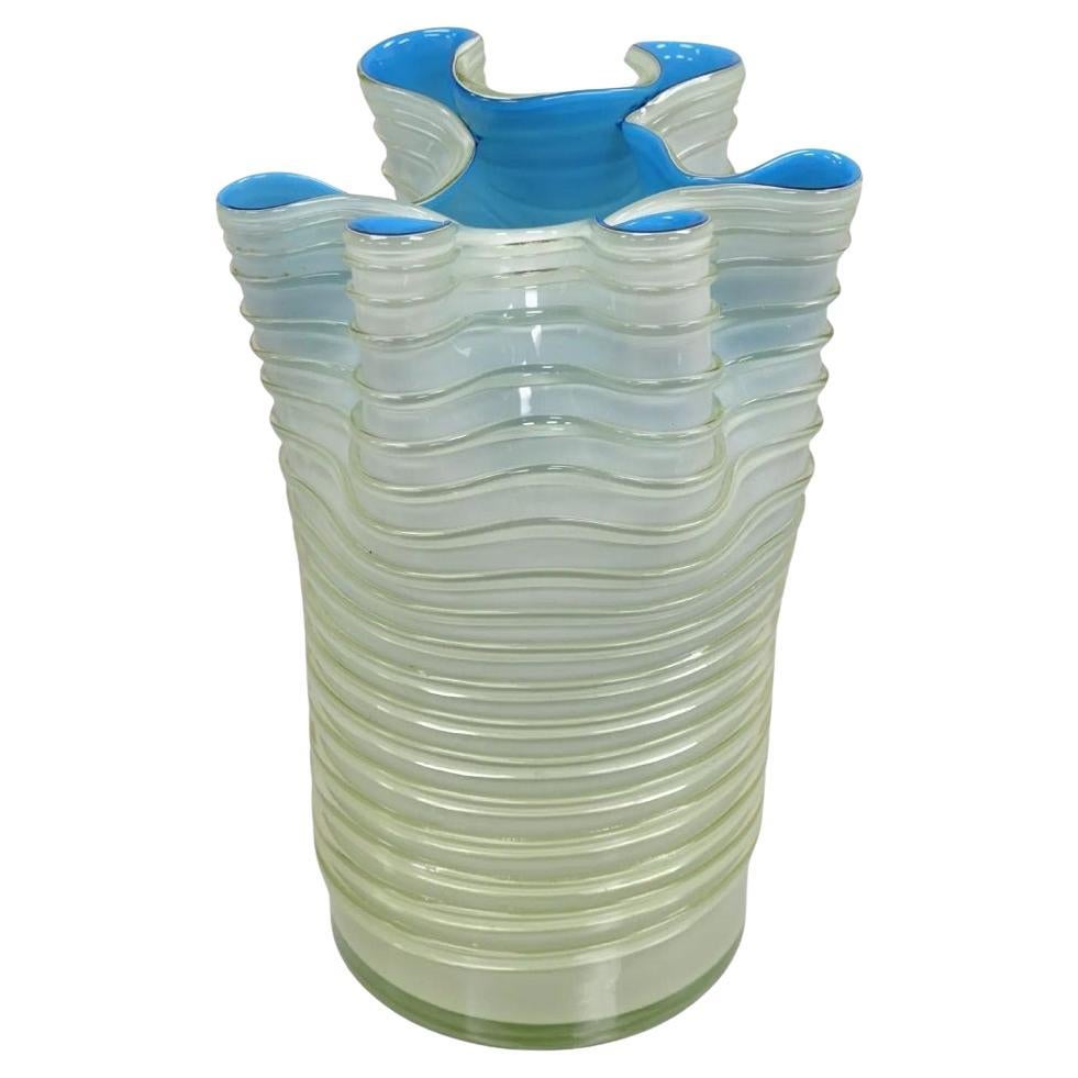 Vintage Murano Mid Century Italian Modern Azul Acanalado Servilleta Pañuelo Jarrón