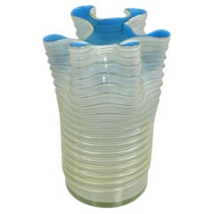 Vintage Murano Mid Century Italian Modern Blue Ribbed Napkin Handkerchief Vase