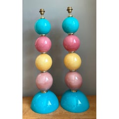 Vintage Murano Multicolor Glass Sphere Table Lamps - A Pair