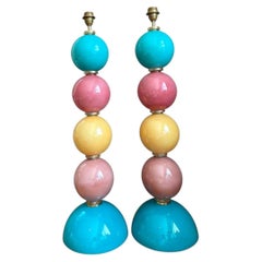 Vintage Murano Multicolor Glass Sphere Table Lamps - A Pair