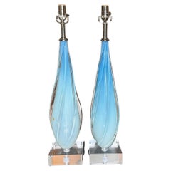 Lámparas de mesa vintage de cristal opalino azul y blanco de Murano OMBRE - MUY RARAS