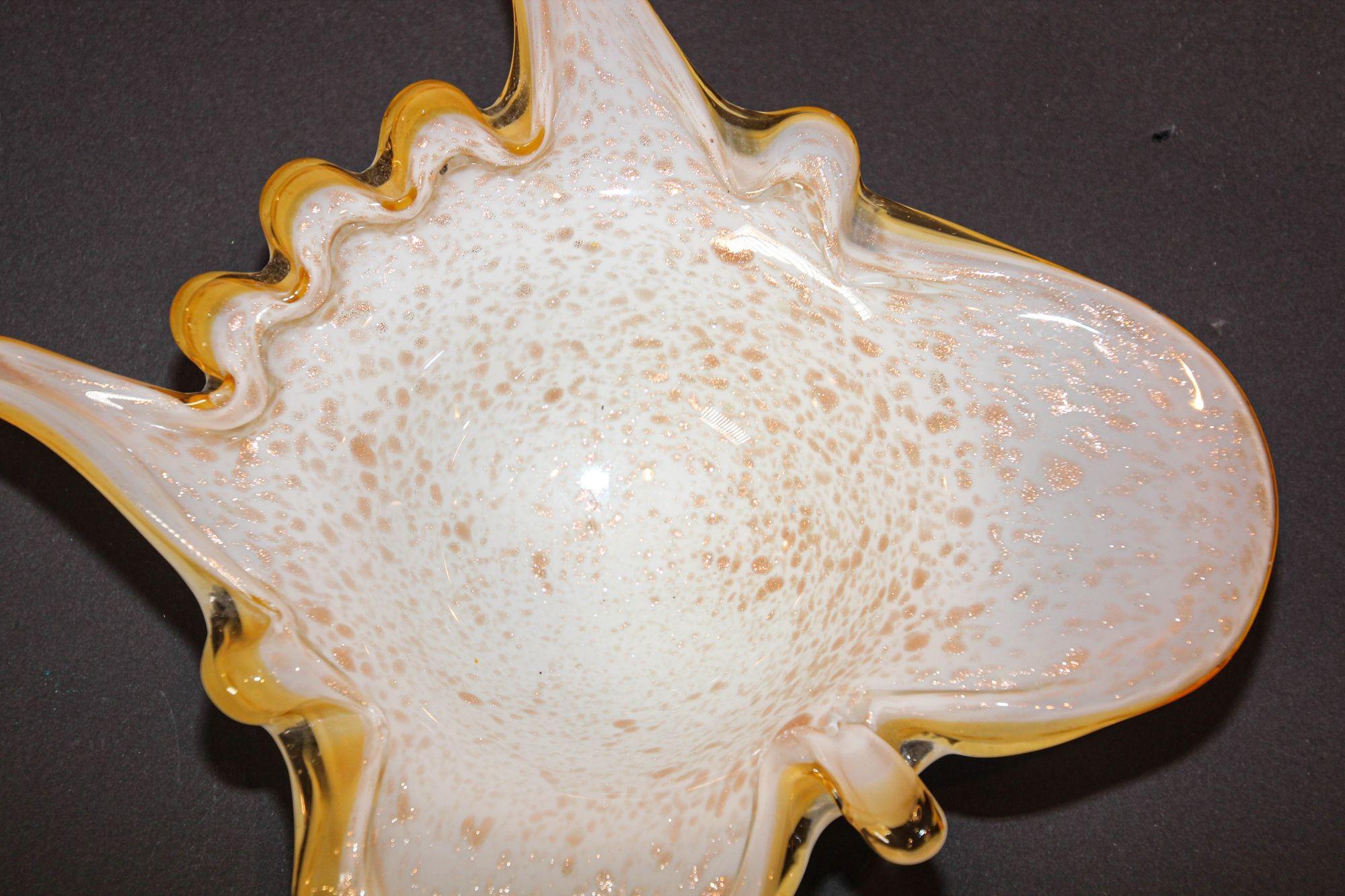 Mid-Century Modern Vintage Murano Opal & Gold Aventurine Art Glass Bowl Ashtray Fratelli Toso I For Sale