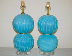 Vintage Murano Opaline Glass Ball Table Lamps Blue
