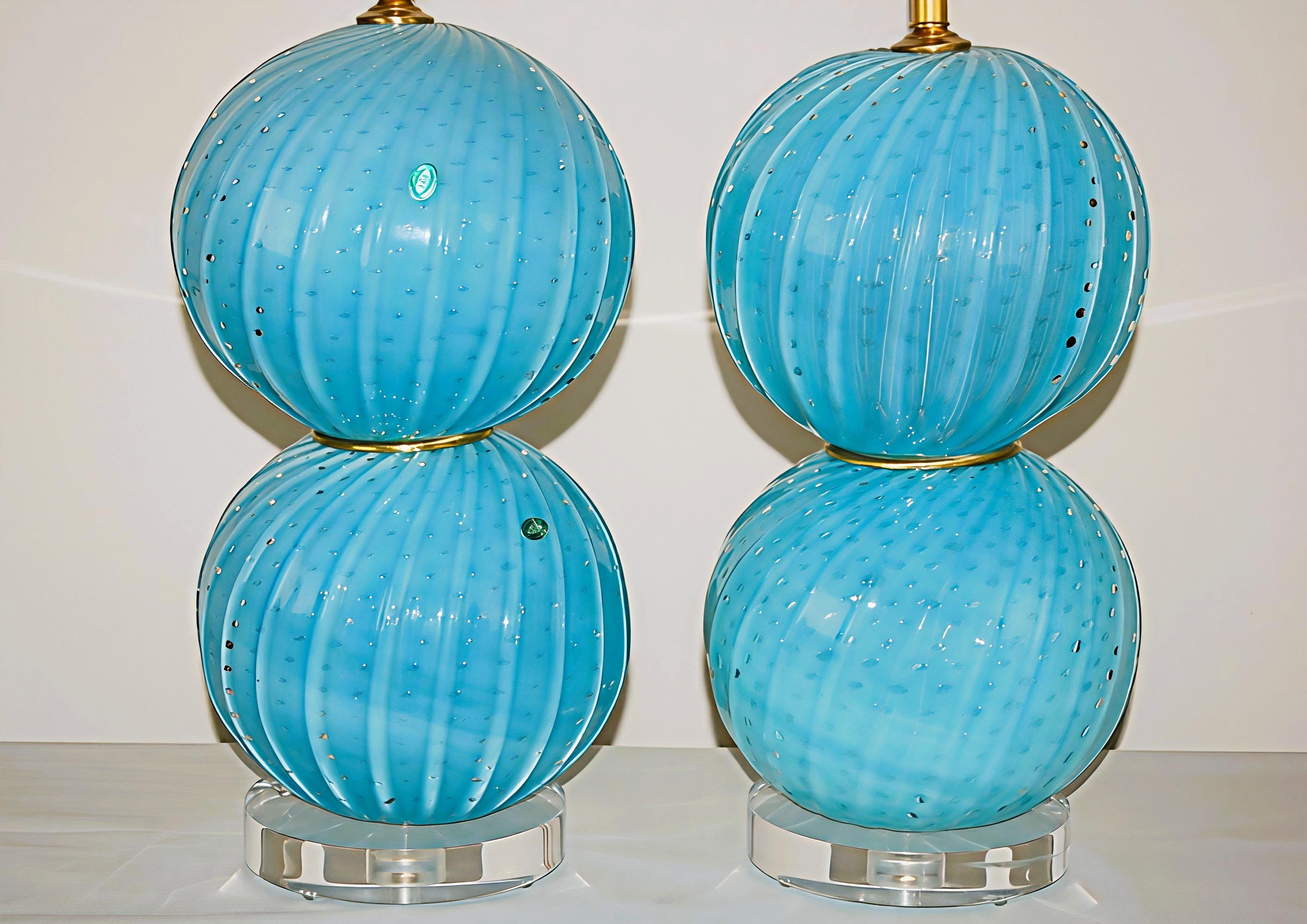 Lámparas de mesa vintage de bolas de cristal opalino de Murano Azul Moderno de mediados de siglo en venta