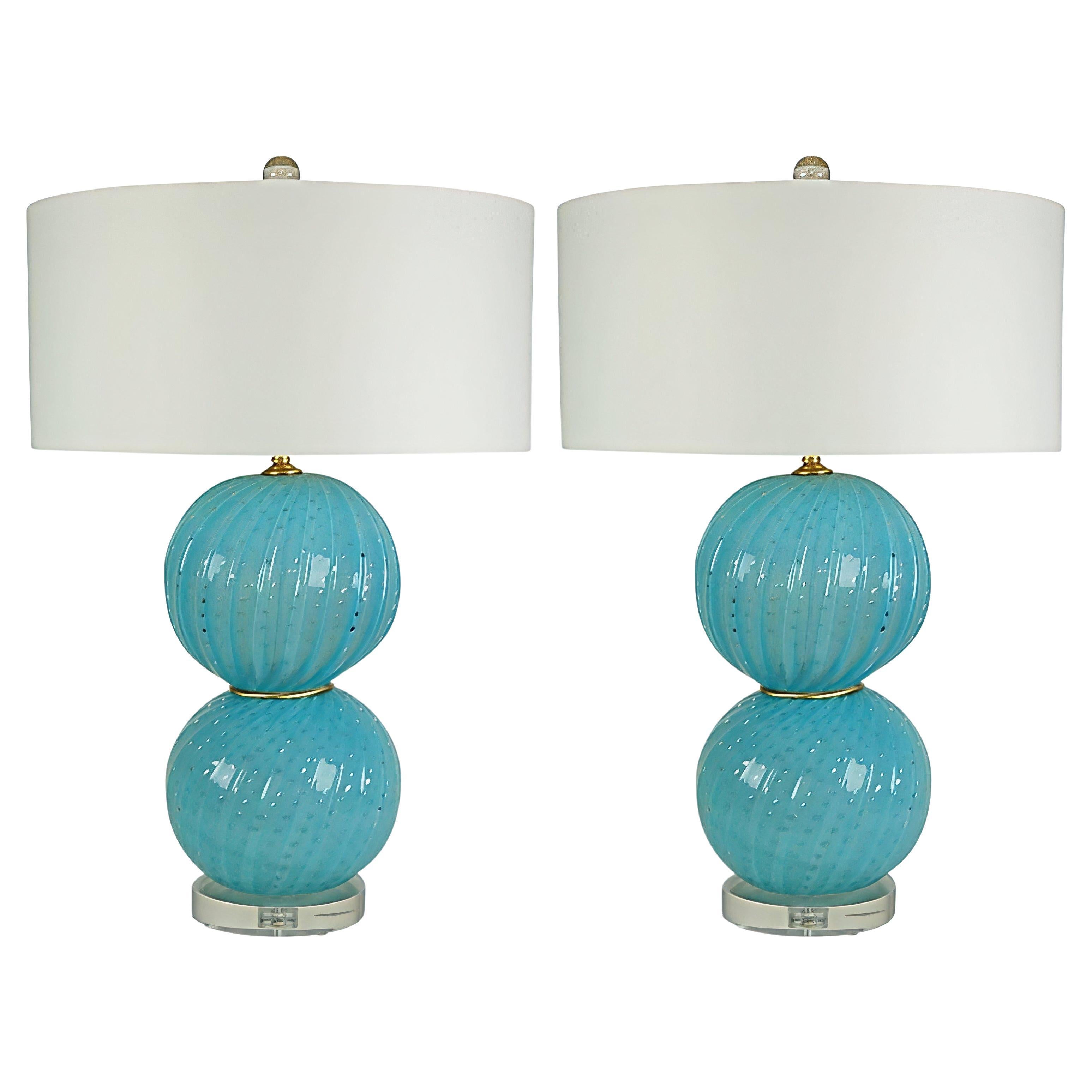 Lámparas de mesa vintage de bolas de cristal opalino de Murano Azul