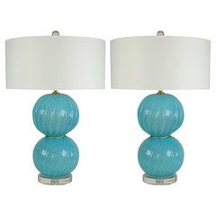 Lámparas de mesa vintage de bolas de cristal opalino de Murano Azul