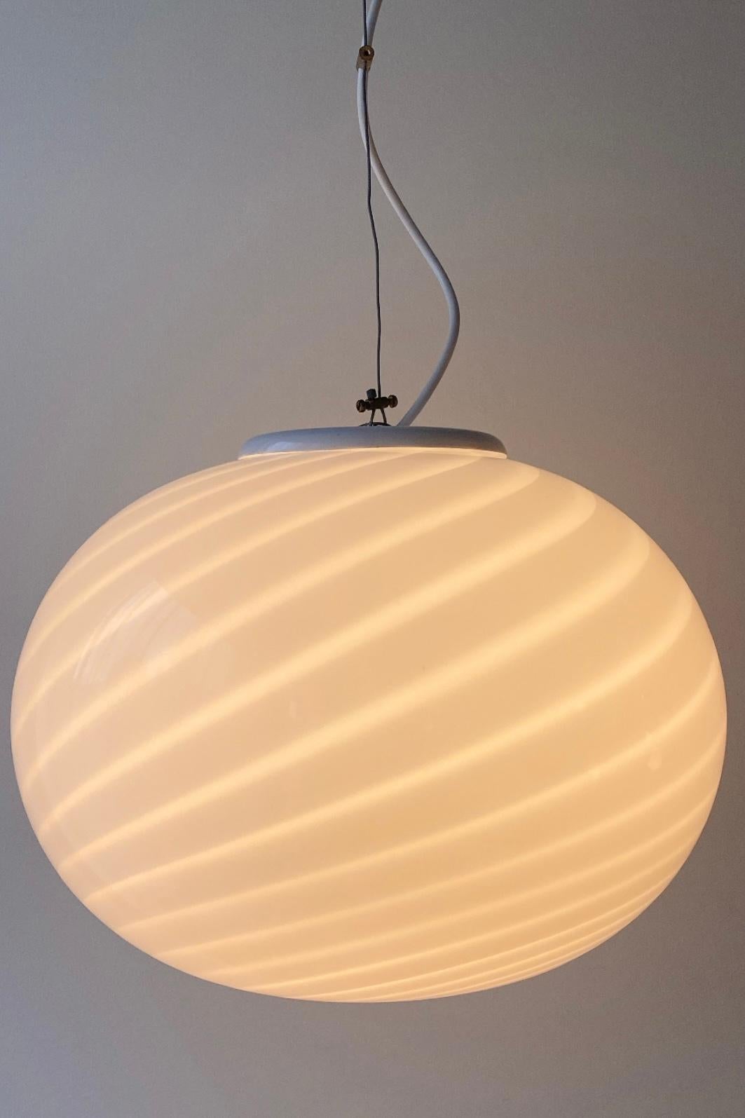 Late 20th Century Vintage Murano Pendant Ceiling Lamp White Swirl Glass Original 70s Italian