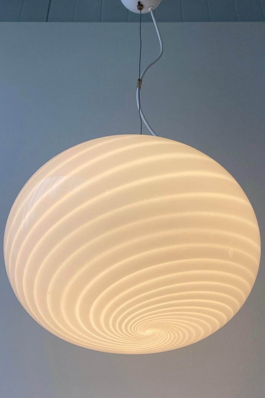 Vintage Murano Pendant Ceiling Lamp White Swirl Glass Original 70s Italian 1