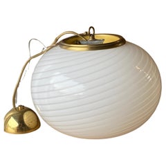 Vintage Murano Pendant Ceiling Lamp white Swirl Glass Original, Italy 1970s