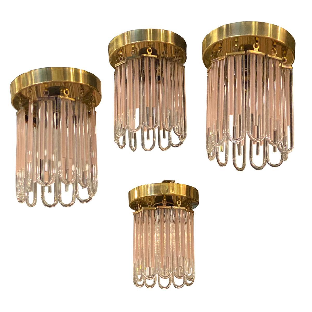 Vintage Murano Pink and Clear Glass Brass Flush Ceiling Mount Chandelier For Sale