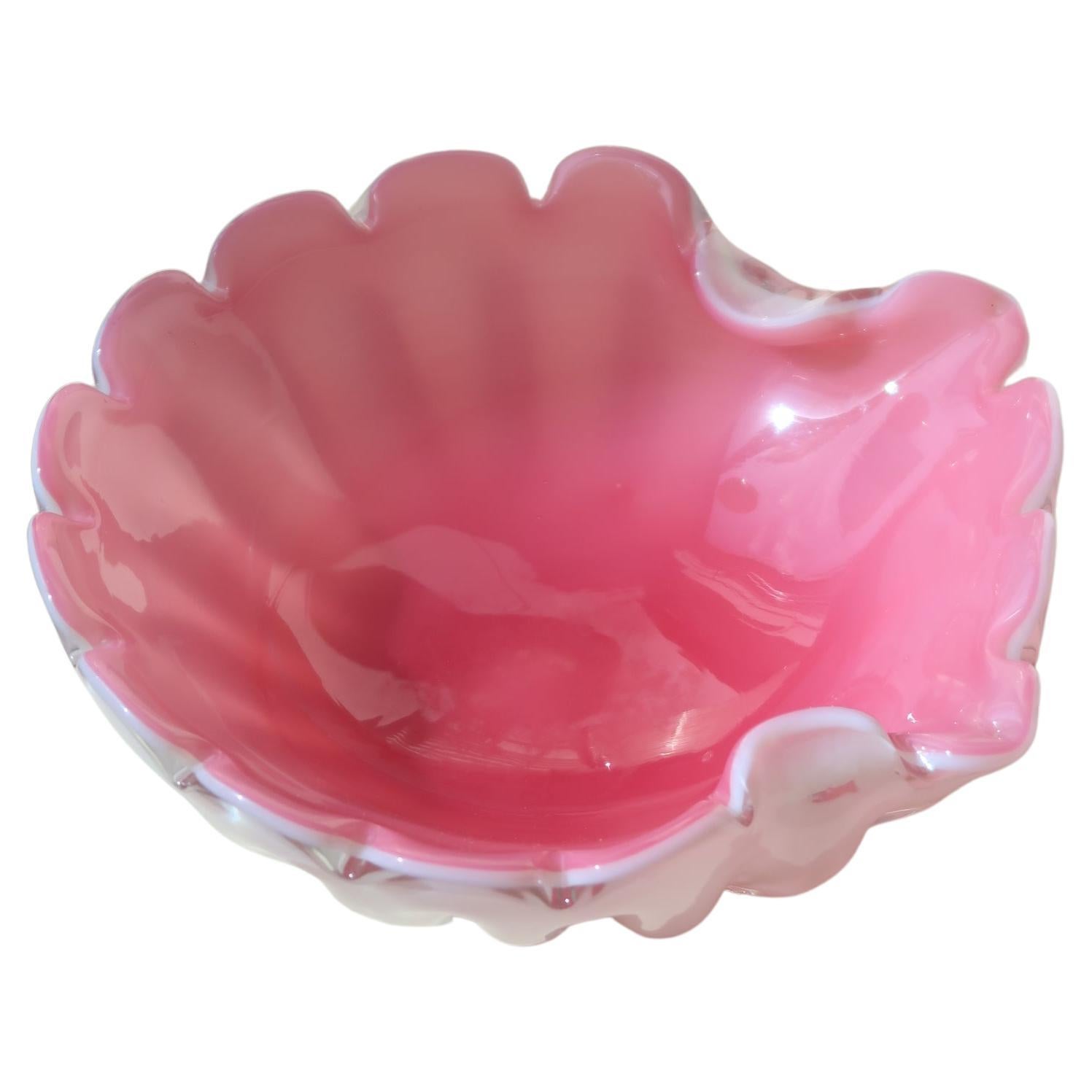 Vintage Murano Pink Opal Shell Clam Bowl Mouth Blown Glass For Sale