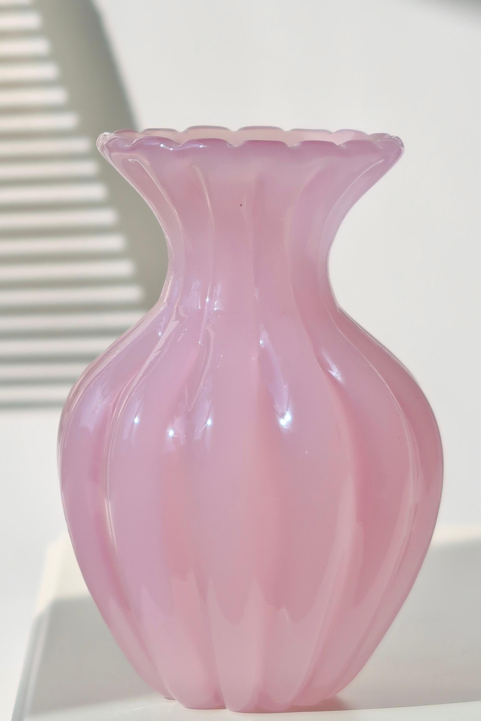 Mid-20th Century Vintage Murano Pink Ribbed Alabastro Opal Vase Mouth Blown Italian 60s Original