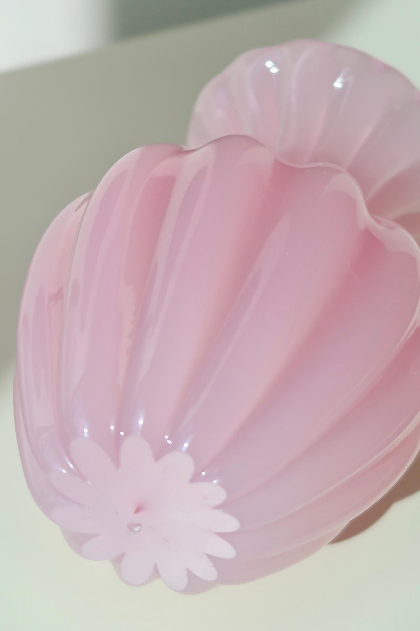 Murano Glass Vintage Murano Pink Ribbed Alabastro Opal Vase Mouth Blown Italian 60s Original