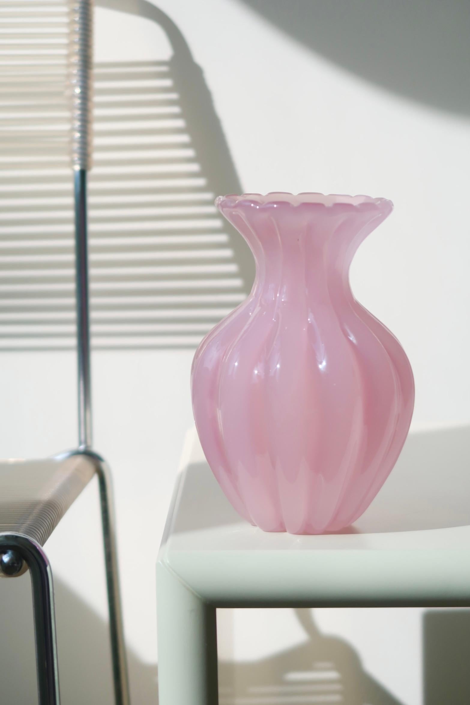 Vintage Murano Pink Ribbed Alabastro Opal Vase Mouth Blown Italian 60s Original 1