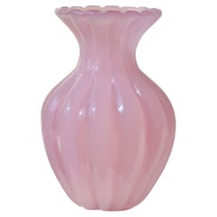 Vintage Murano Pink Ribbed Alabastro Opal Vase Mouth Blown Italian 60s Original