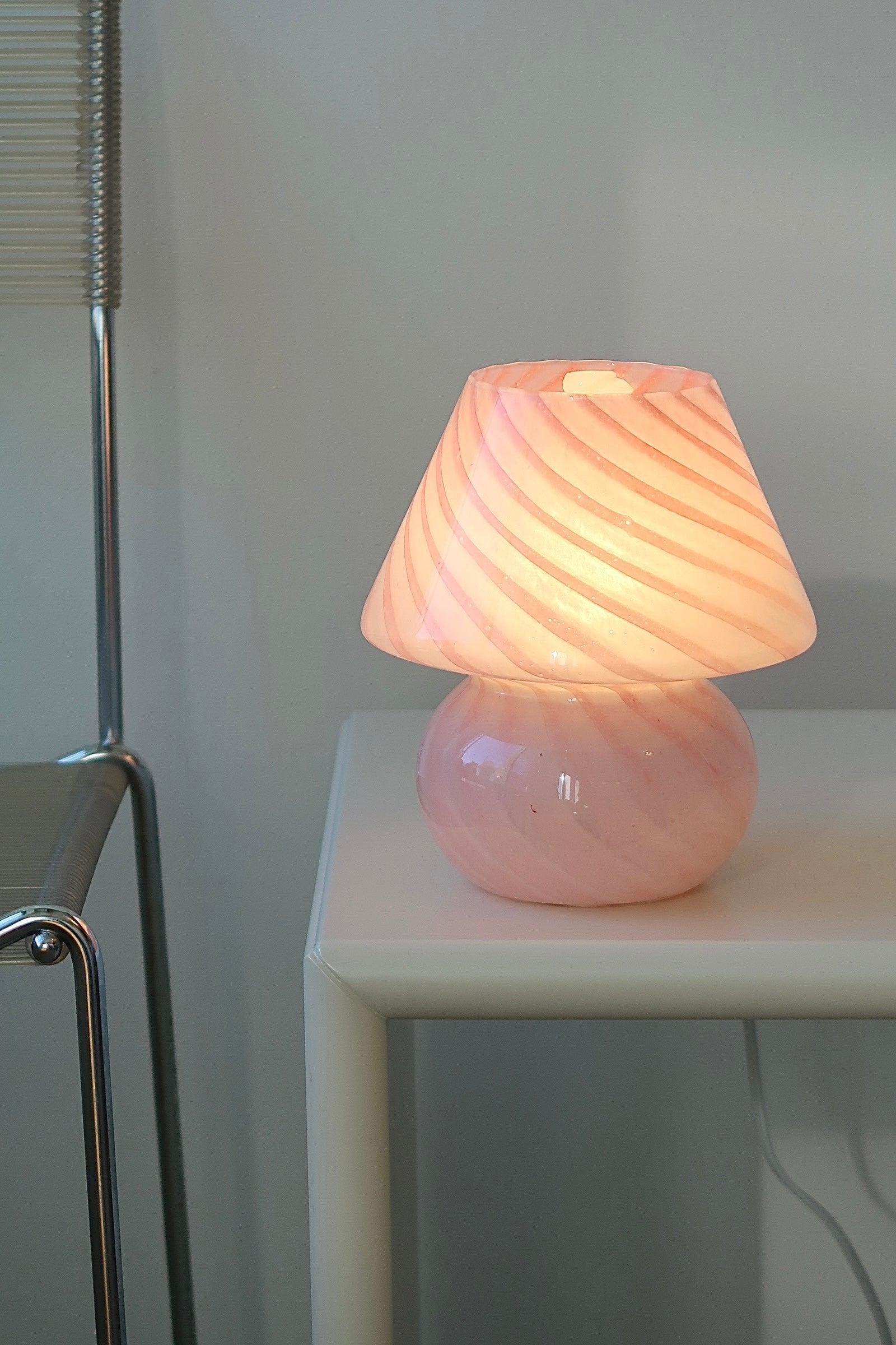 Murano Glass Vintage Murano Pink Swirl Baby Mushroom Table Lamp, mouth blown in Italy For Sale