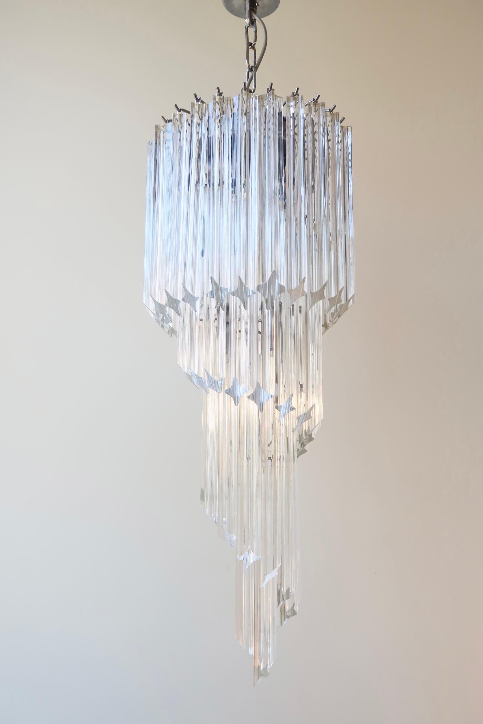 Italian Vintage Murano Quadriedri 54 Prisms Crystal Spiral Chandelier Pendant Lamp