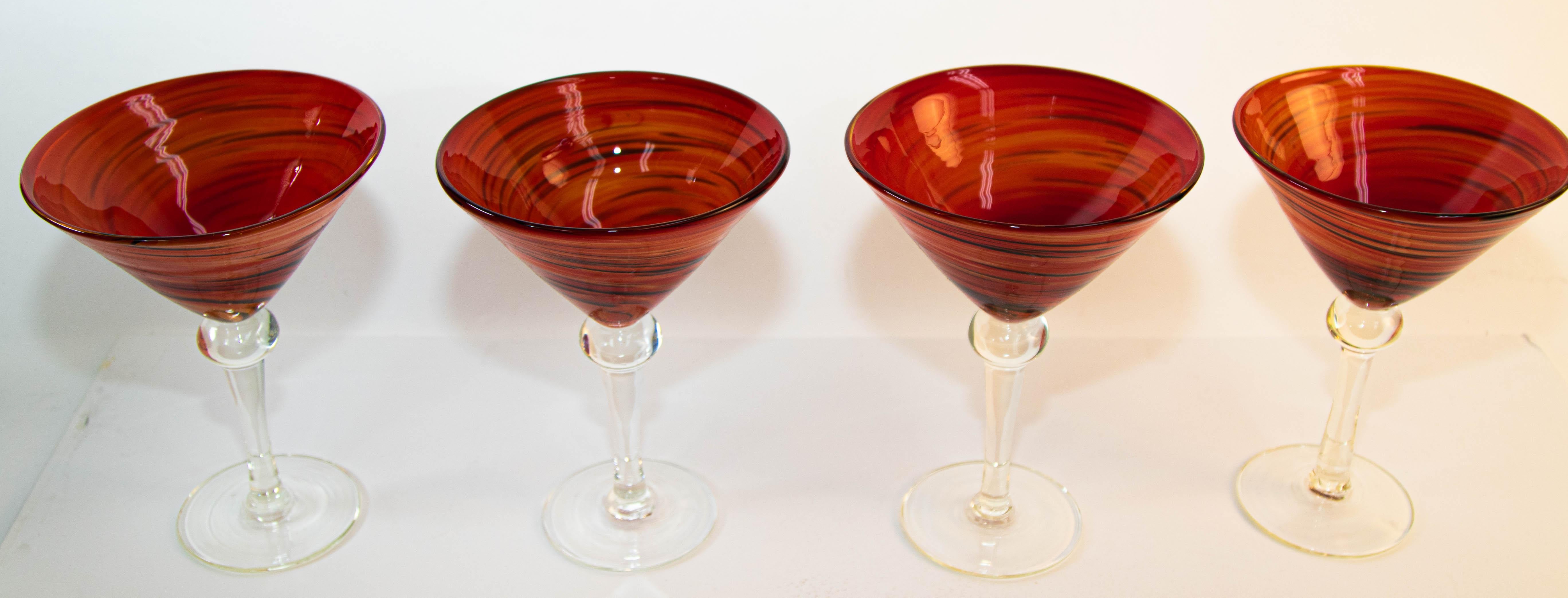 Vintage Murano Red Swirl Martini Glasses Set of 4 Colorful Barware 8