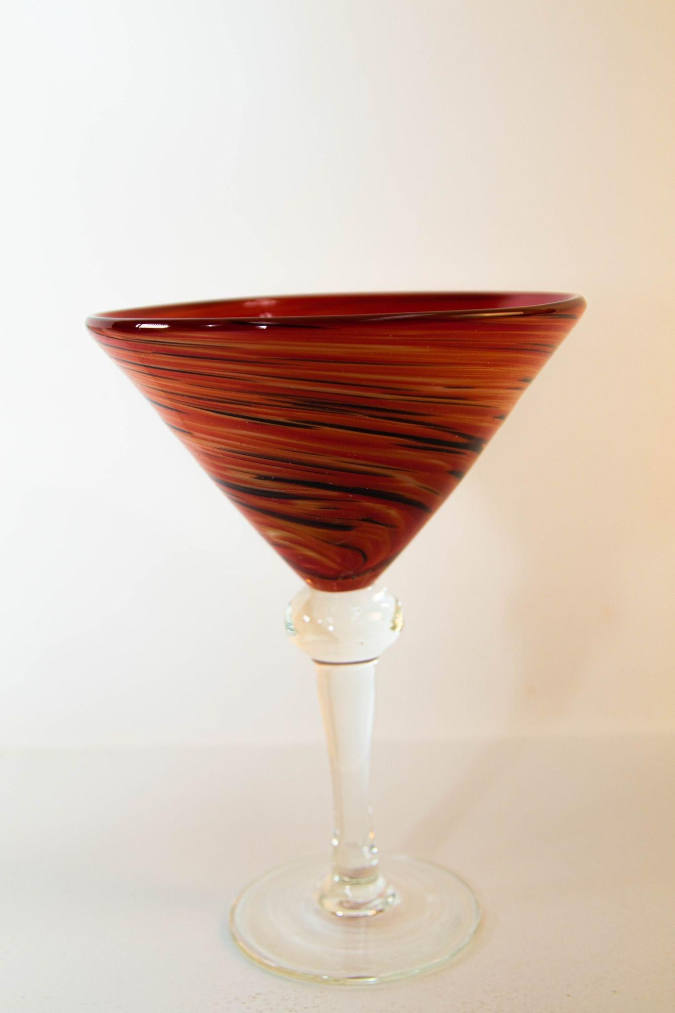 Post-Modern Vintage Murano Red Swirl Martini Glasses Set of 4 Colorful Barware