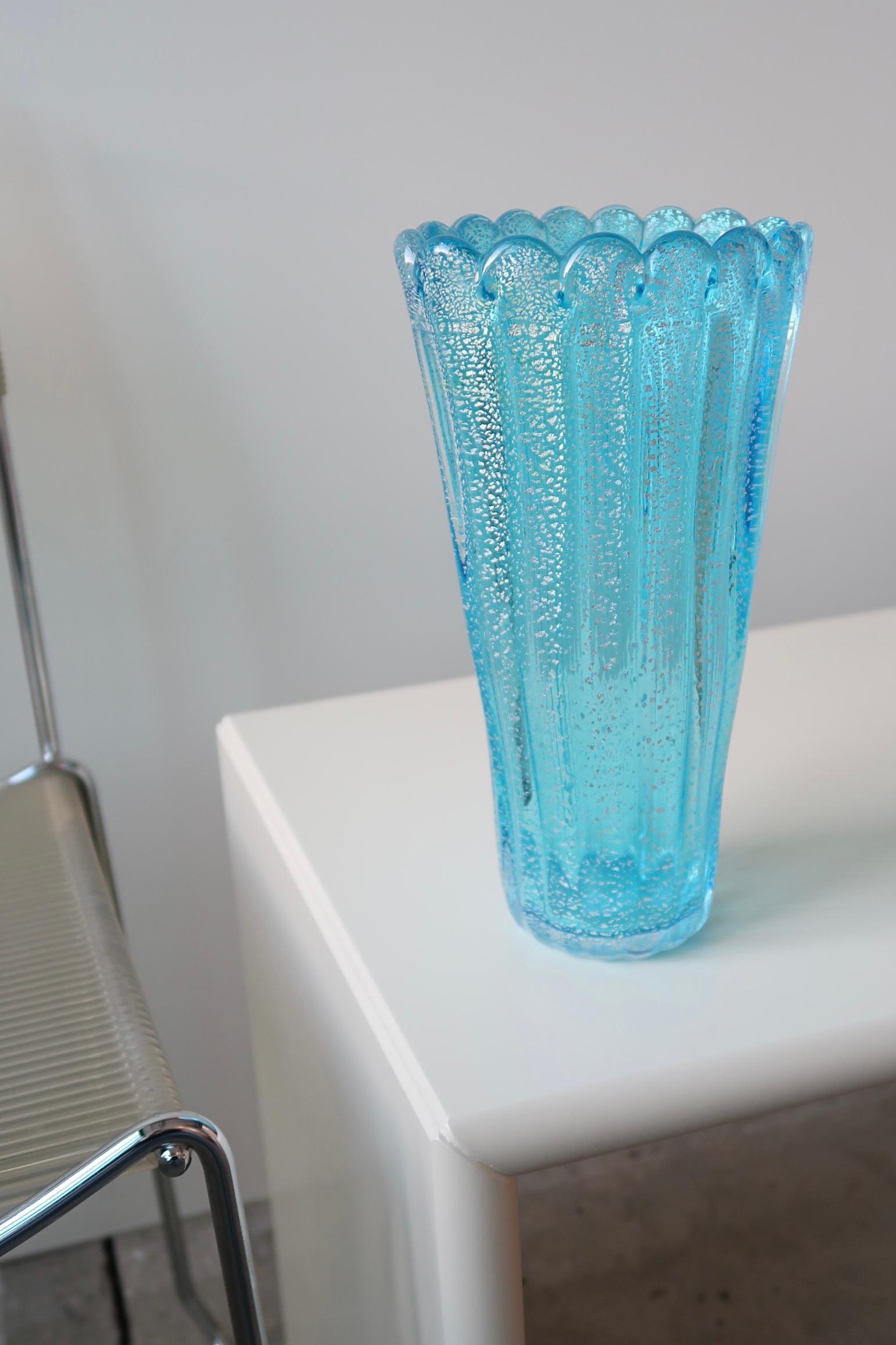 Mid-Century Modern Vintage Murano Ribbed Blue Silver Glass Vase