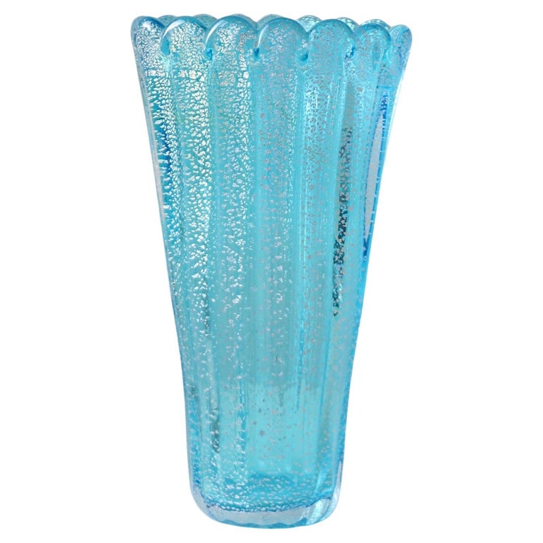 Vintage Murano Ribbed Blue Silver Glass Vase For Sale at 1stDibs
