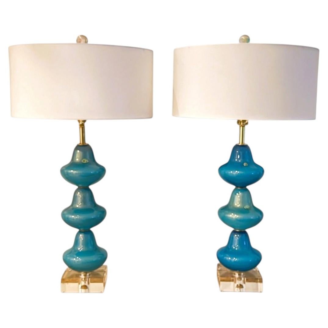 Vintage Murano RICH TEAL and GOLD lamps – a Pair