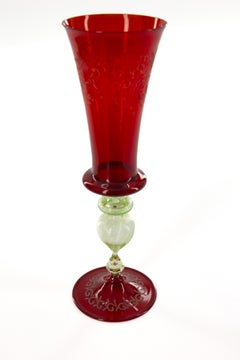 Vintage Murano Ruby Red Flute with Hand-Etched Incisioni and Gold Leaf Stem