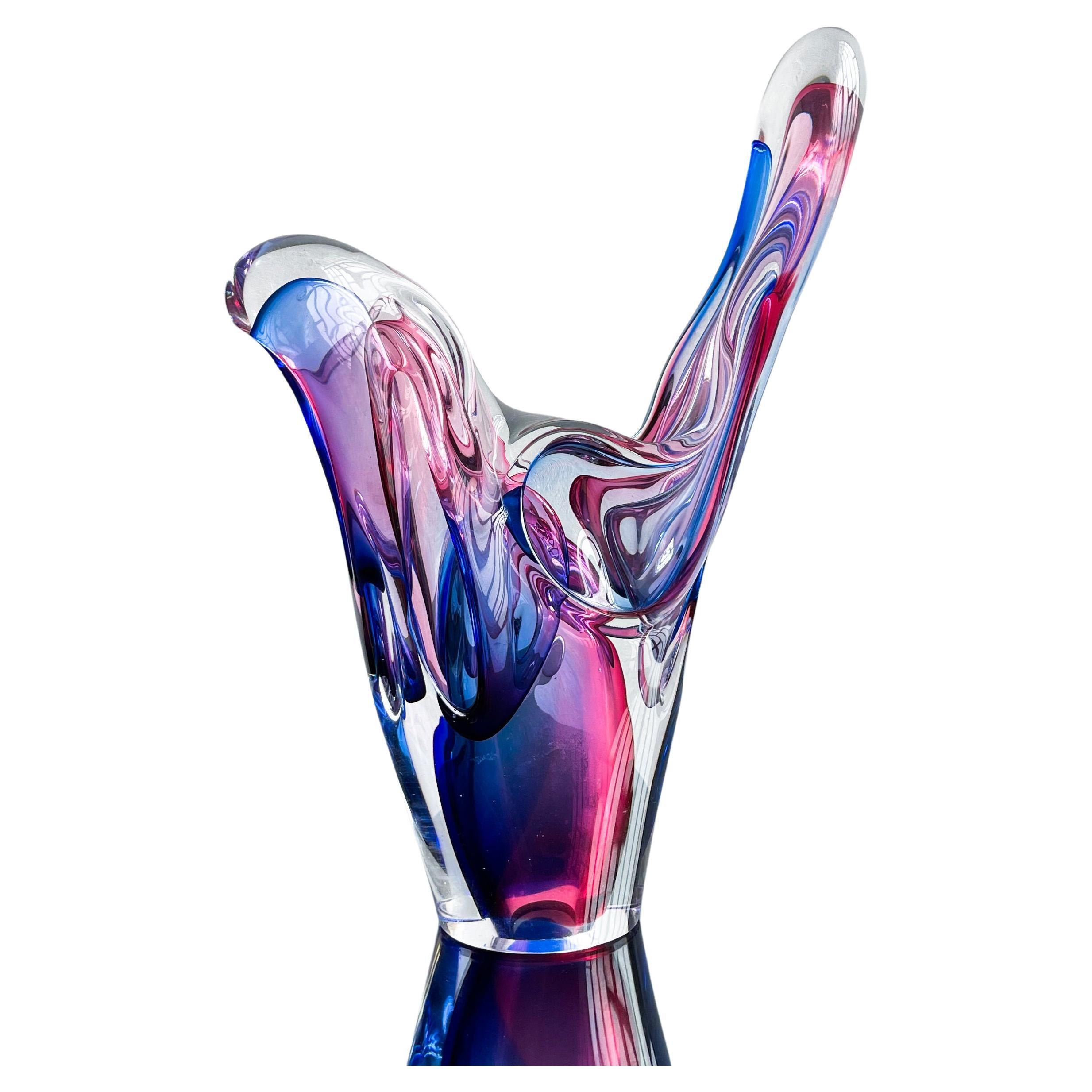 Sculpture de Murano vintage en verre Sommerso transparent, bleu et violet, décor de table