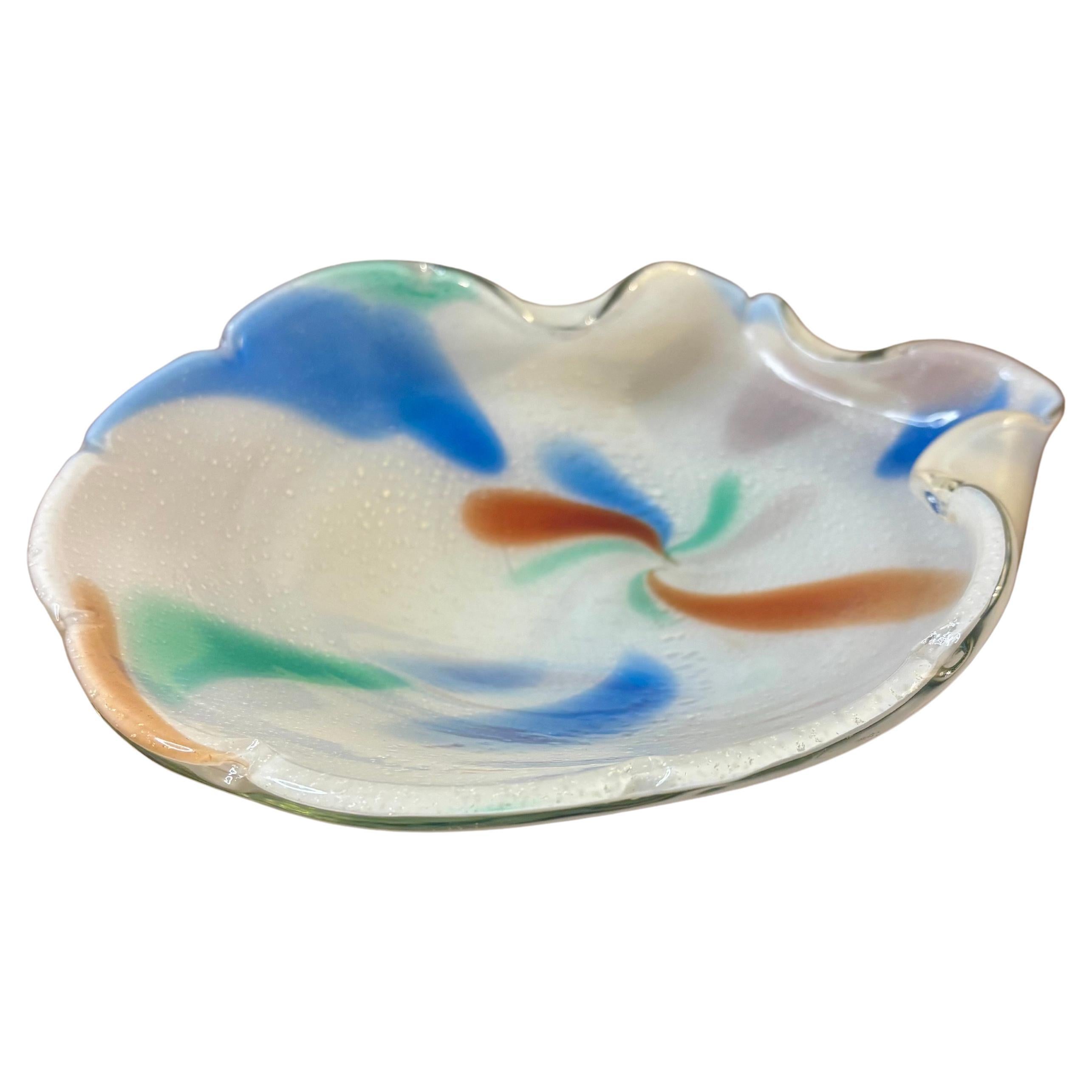 Vintage Murano Seashell Art Glass Bowl, Italian Cased Glass Catchall Dish