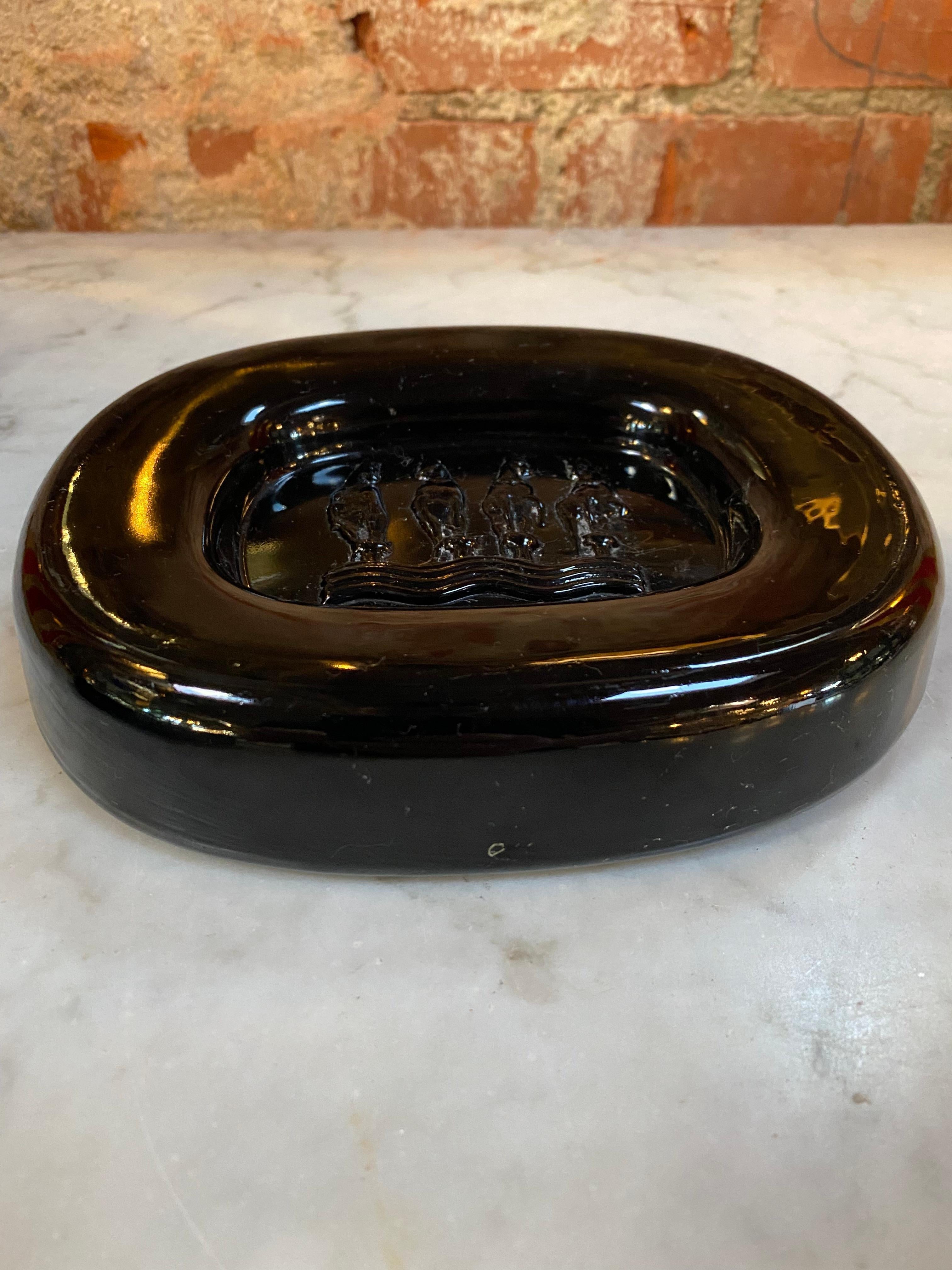 Vintage Murano Seguso Ashtray/Bowl Black w/Embossed Horses Italian 1950 In Good Condition For Sale In Los Angeles, CA