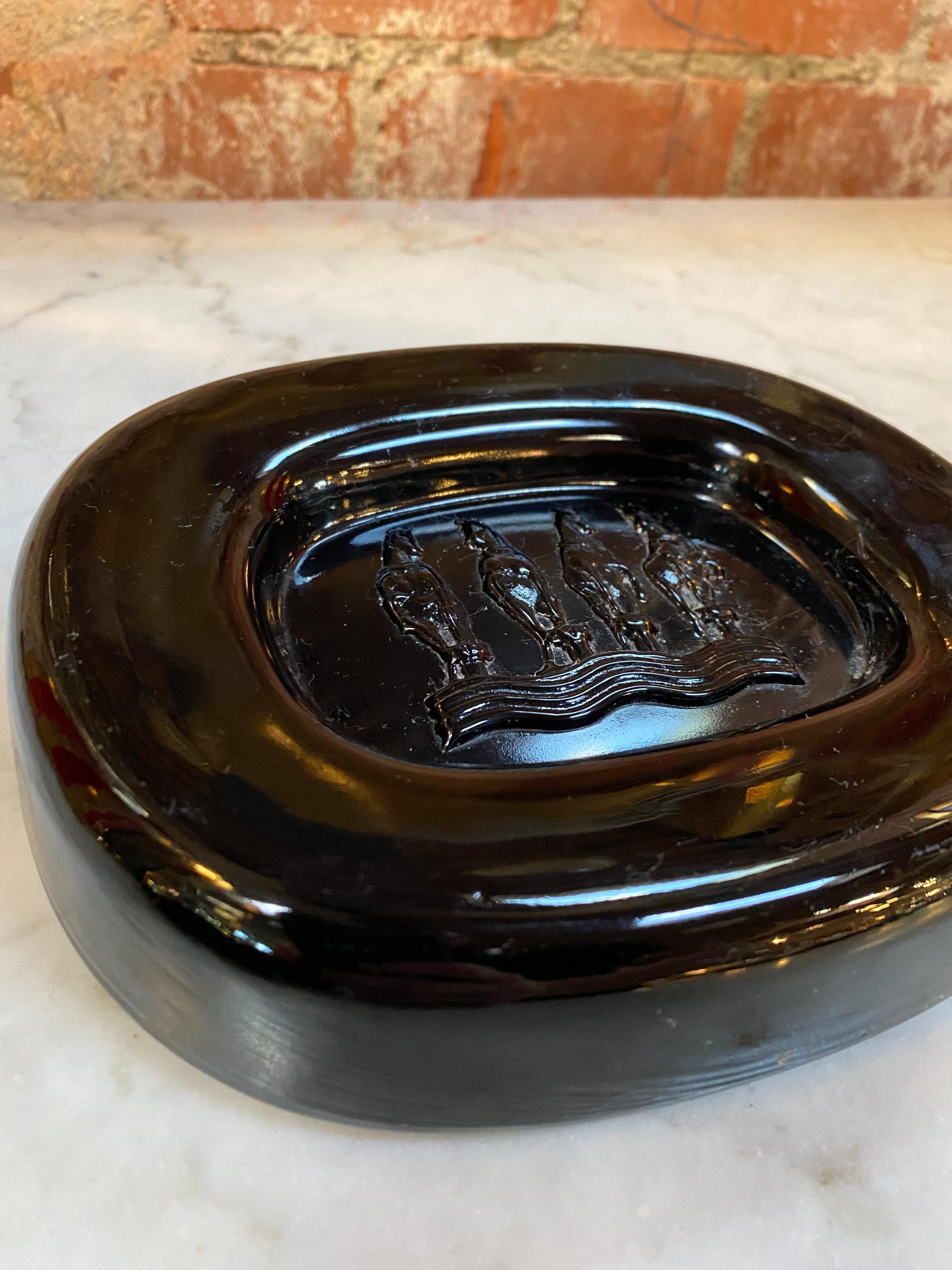 Mid-20th Century Vintage Murano Seguso Ashtray/Bowl Black w/Embossed Horses Italian 1950 For Sale