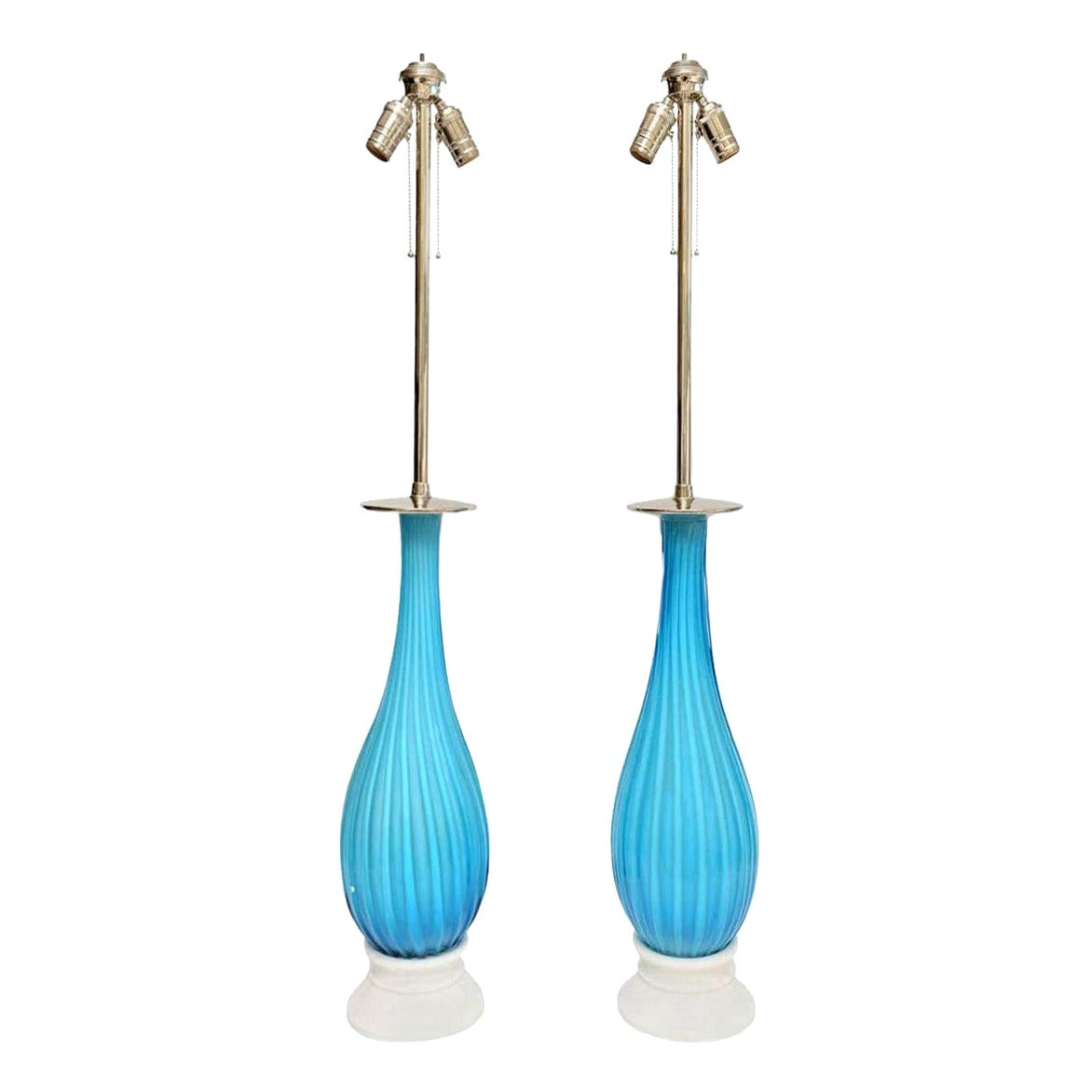 Vintage Murano Seguso For Marbro Lamp Co. Turquoise Glass Lamps, Nickel Silver For Sale