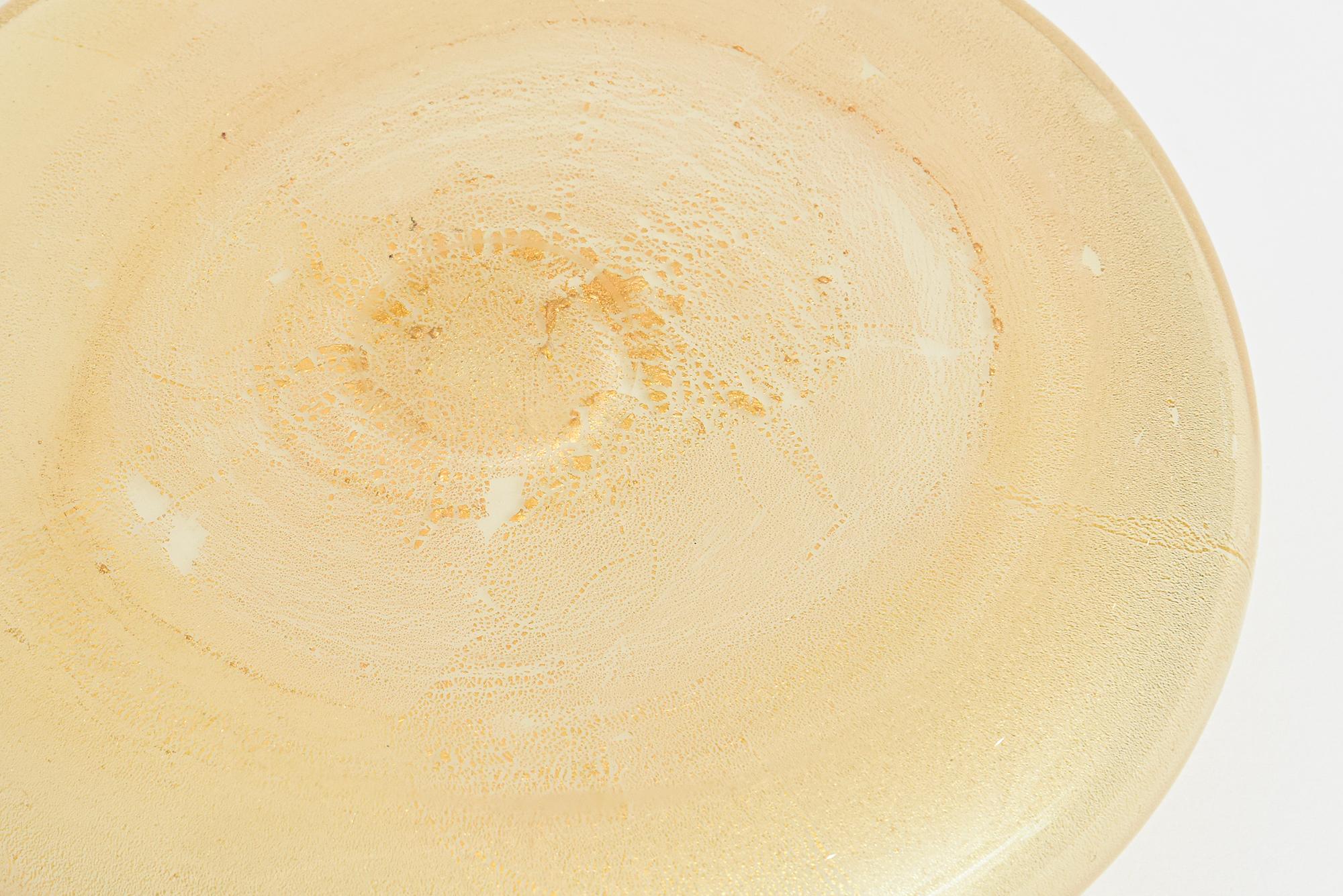 Vintage Murano Seguso Gold Aventurine Low Bowl With White Rim Serving Barware For Sale 4