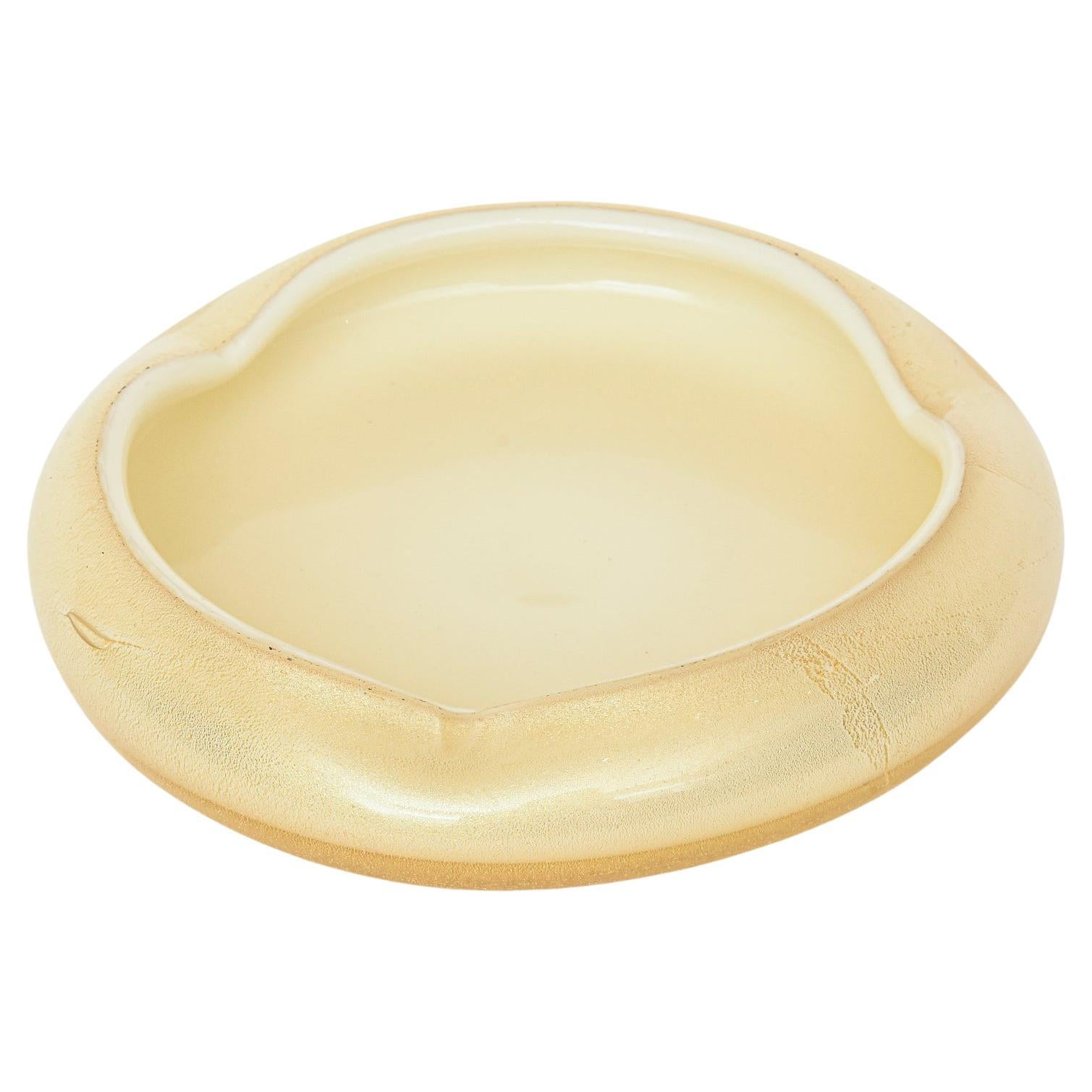 Vintage Murano Seguso Gold Aventurine Low Bowl With White Rim Serving Barware For Sale