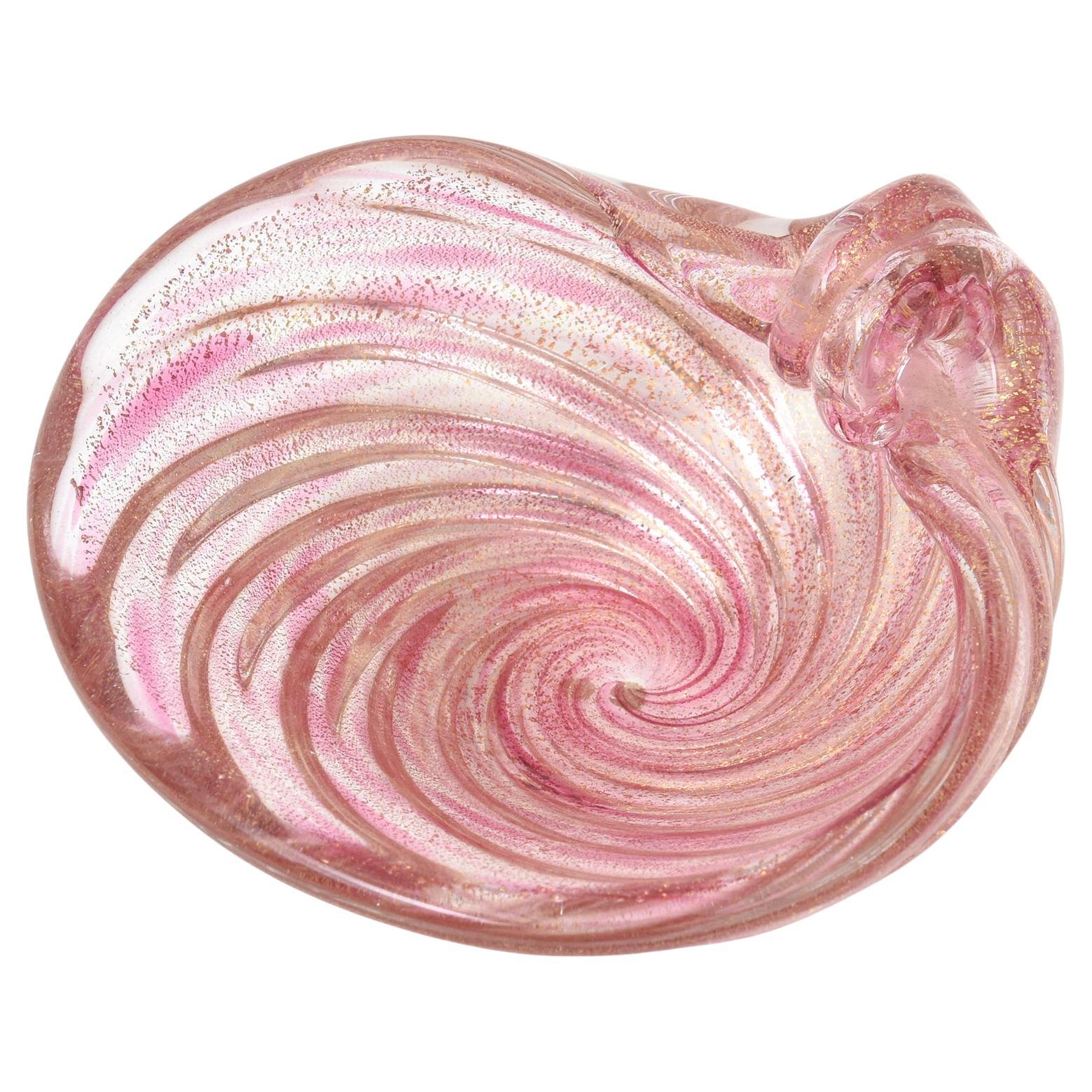 Vintage Murano Seguso Small Pink and Gold Aventurine Swirled Snail Glass Bowl For Sale