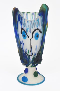 Vintage Signed Vetreria Murano Face Glass Vase, Vessel Sculpture Blues, Greens