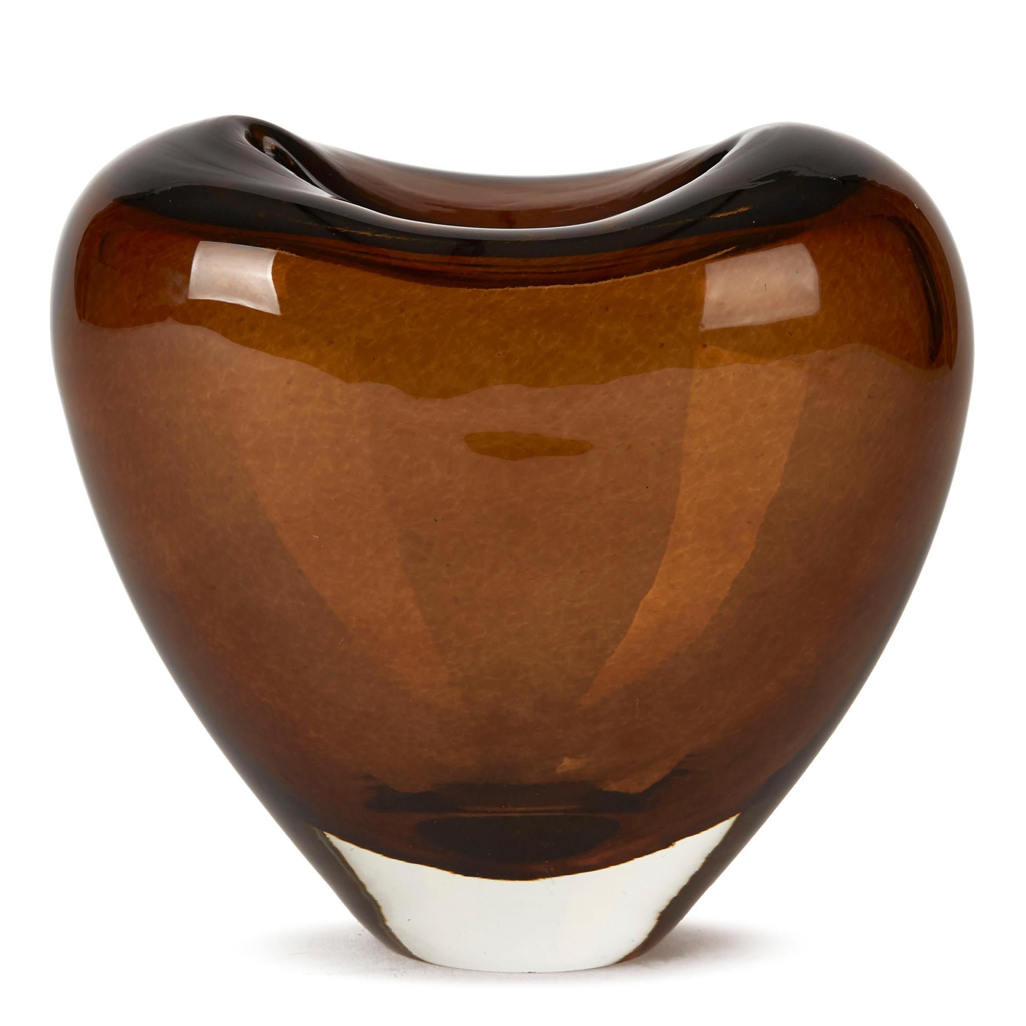 Mid-Century Modern Vintage Murano Sommerso Brown Art Glass Heart Vase, circa 1960