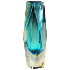 Vintage Murano Sommerso Italian Turquoise Sapphire Glass Faceted Prism Vase