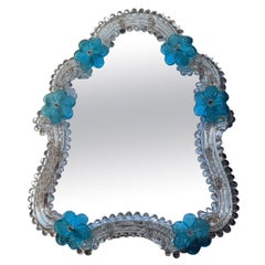 Vintage Murano Specchio Veneziano Splendido Vetro 6 Fiori Blu 1950er Jahre Vintage