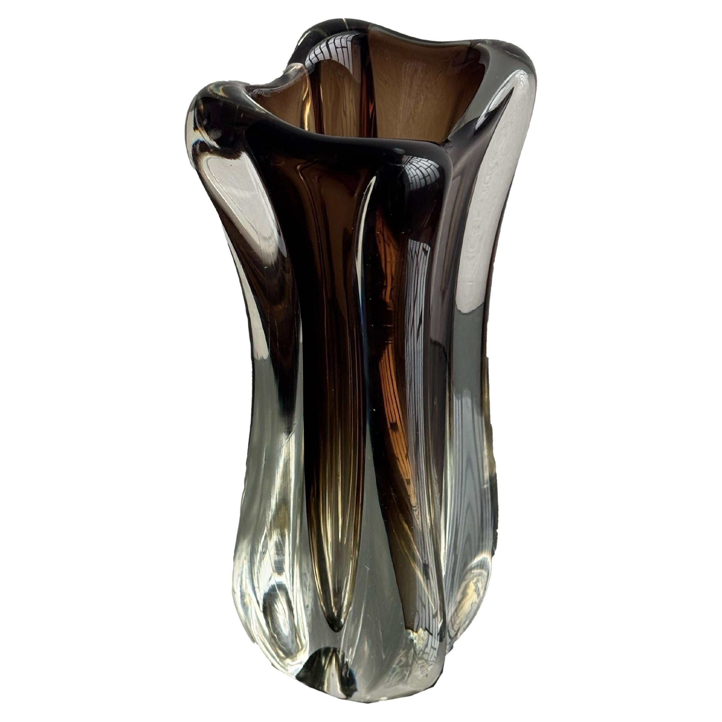 Late 20th Century Murano-Style Art Glass Sommerso Handkerchief Vase, Amber&Clear