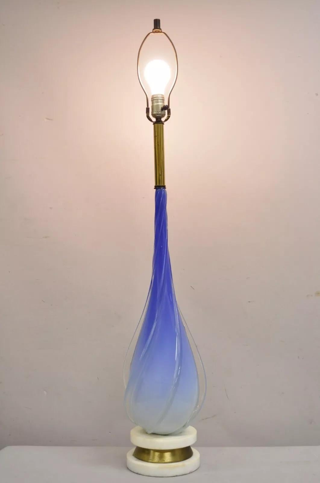 Vintage Tall Italian Murano Sculptural Swirl Glass Gradient Blue Table Lamp on Marble and Brass Base. Circa Mid 20th Century. Measurements: 43
