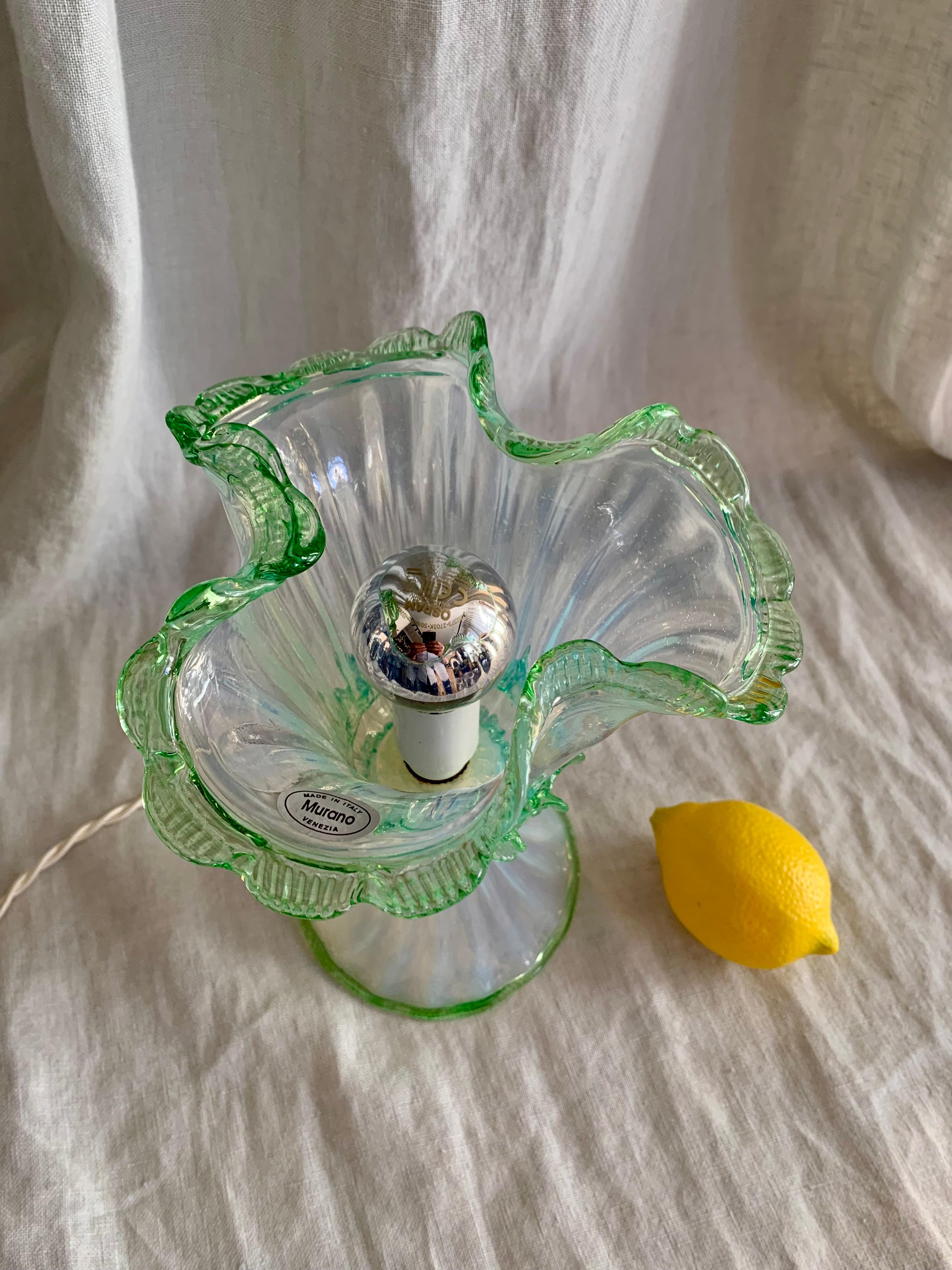 Exquisite 1950s Murano table light in milky opaque glass with green lace like trimming - so chic! The lamp is in mint condition - no nicks or cuts.