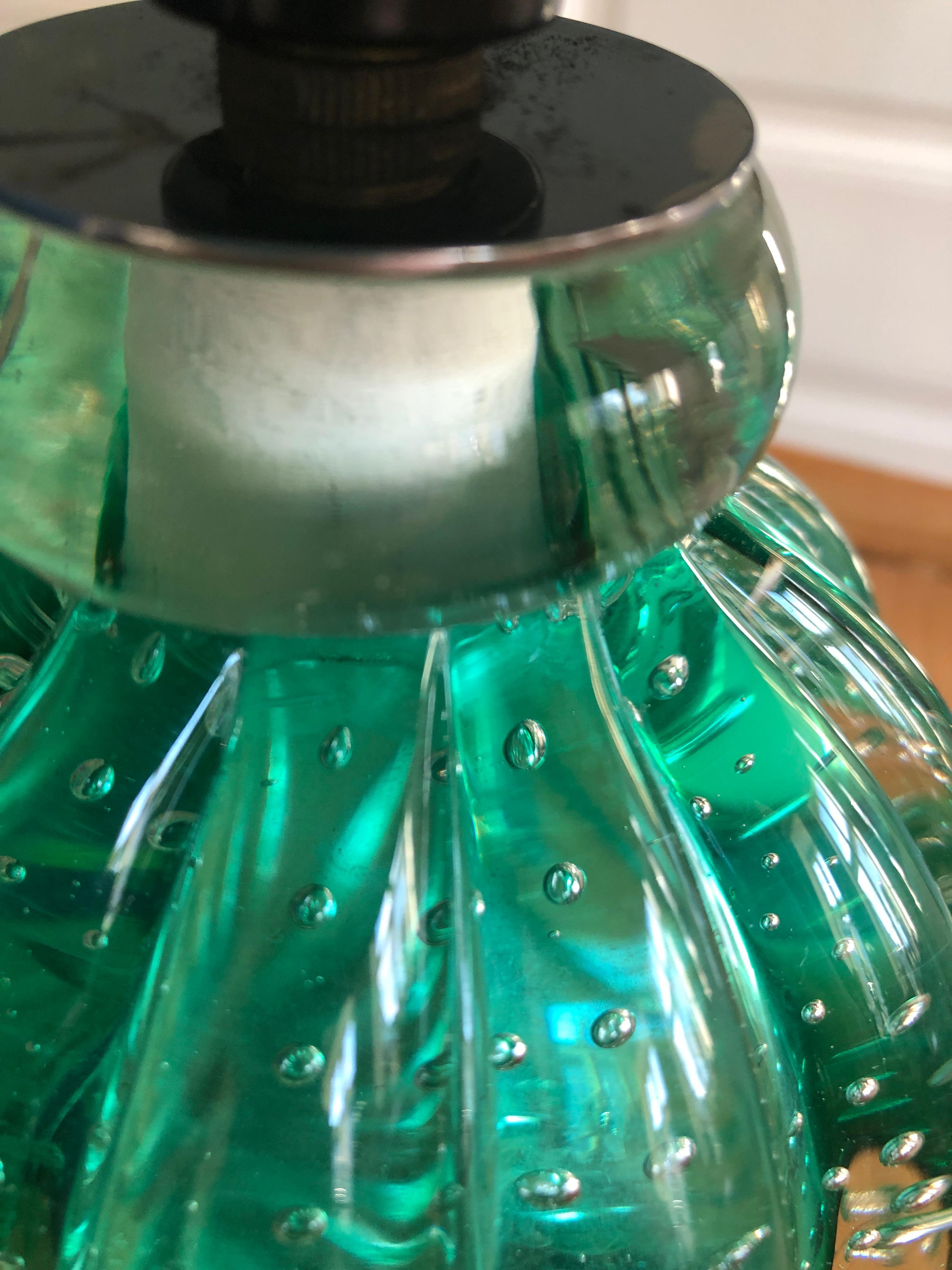 Vintage Murano Table Lamp with Bullicante Glass Base in Green, Italy, 1950s 1