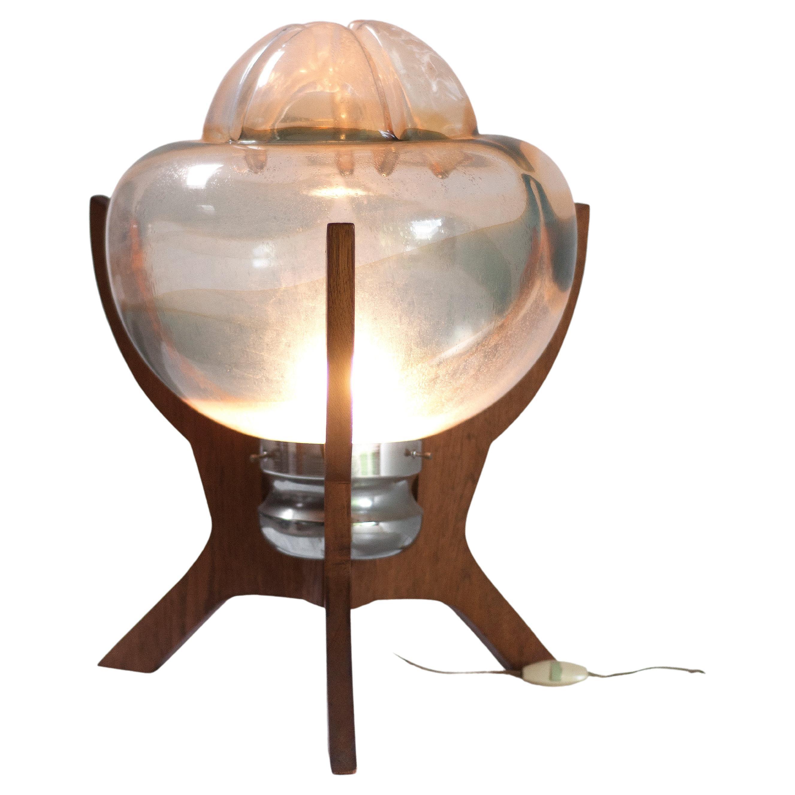 Vintage Murano Table Lamp with Sculptural Wooden Base, 1960's For Sale