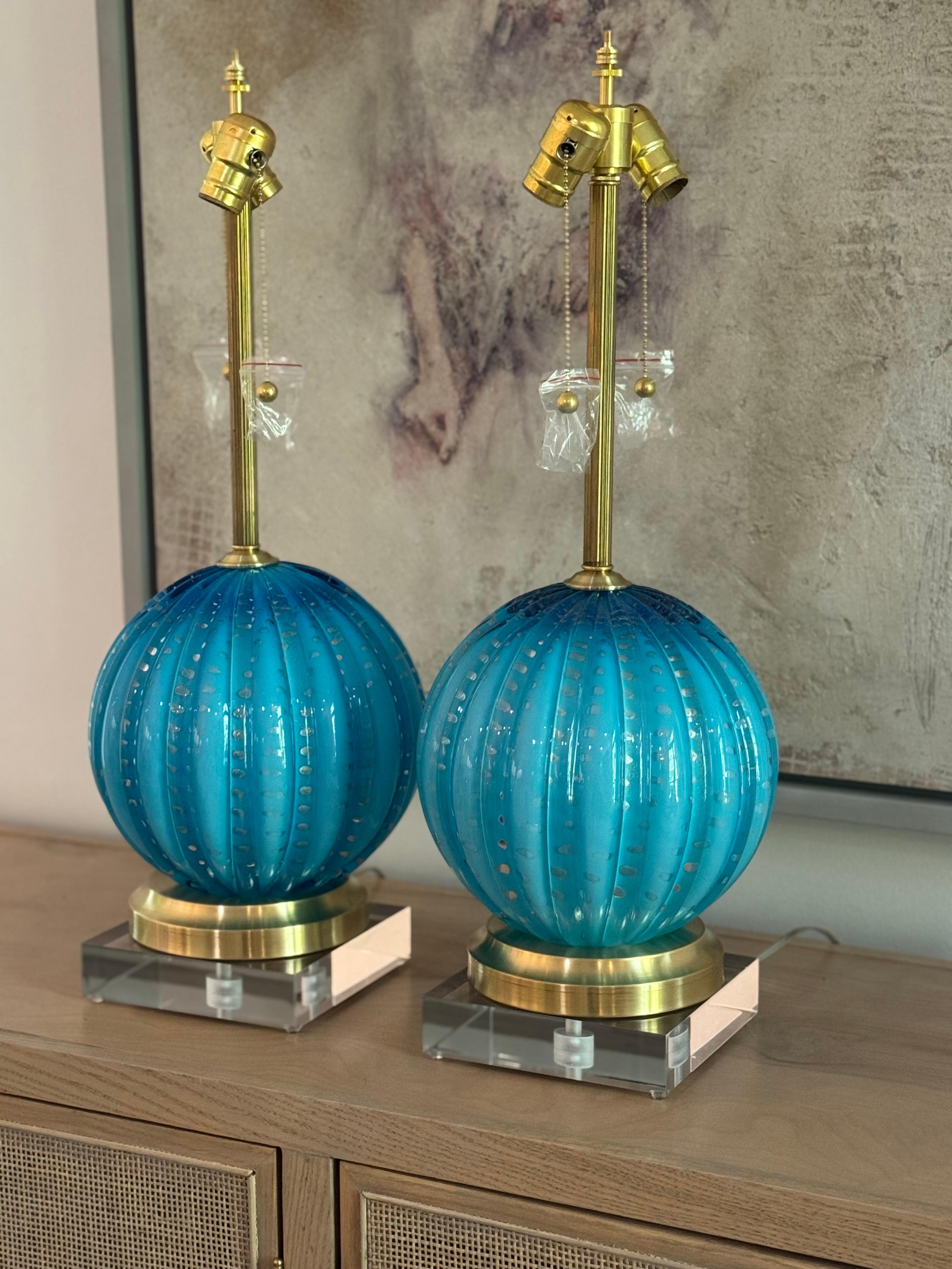 Lampes Vintage en verre Murano Teal avec bulles contrôlées en feuille d'or en vente 3