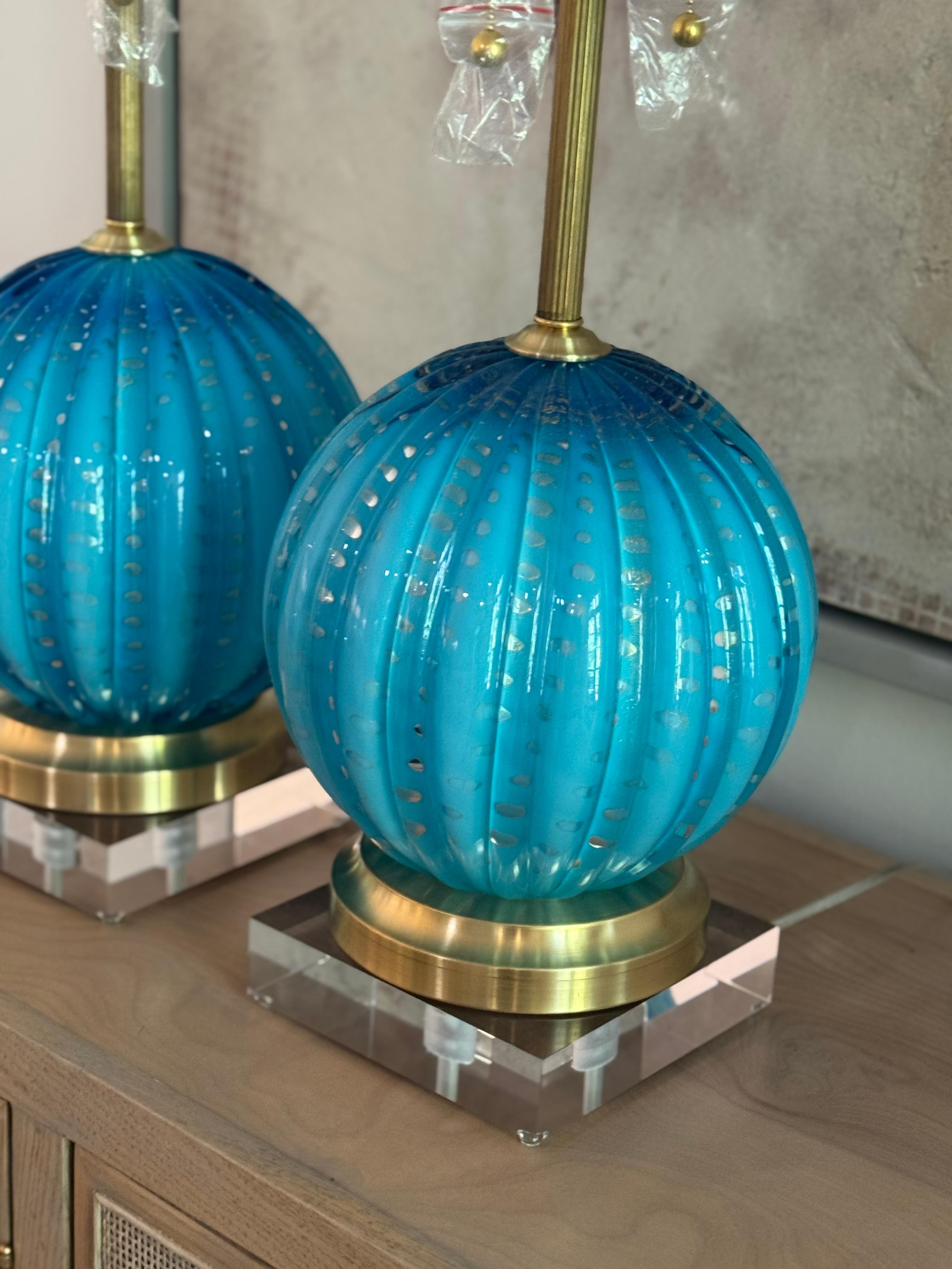 Lampes Vintage en verre Murano Teal avec bulles contrôlées en feuille d'or en vente 4