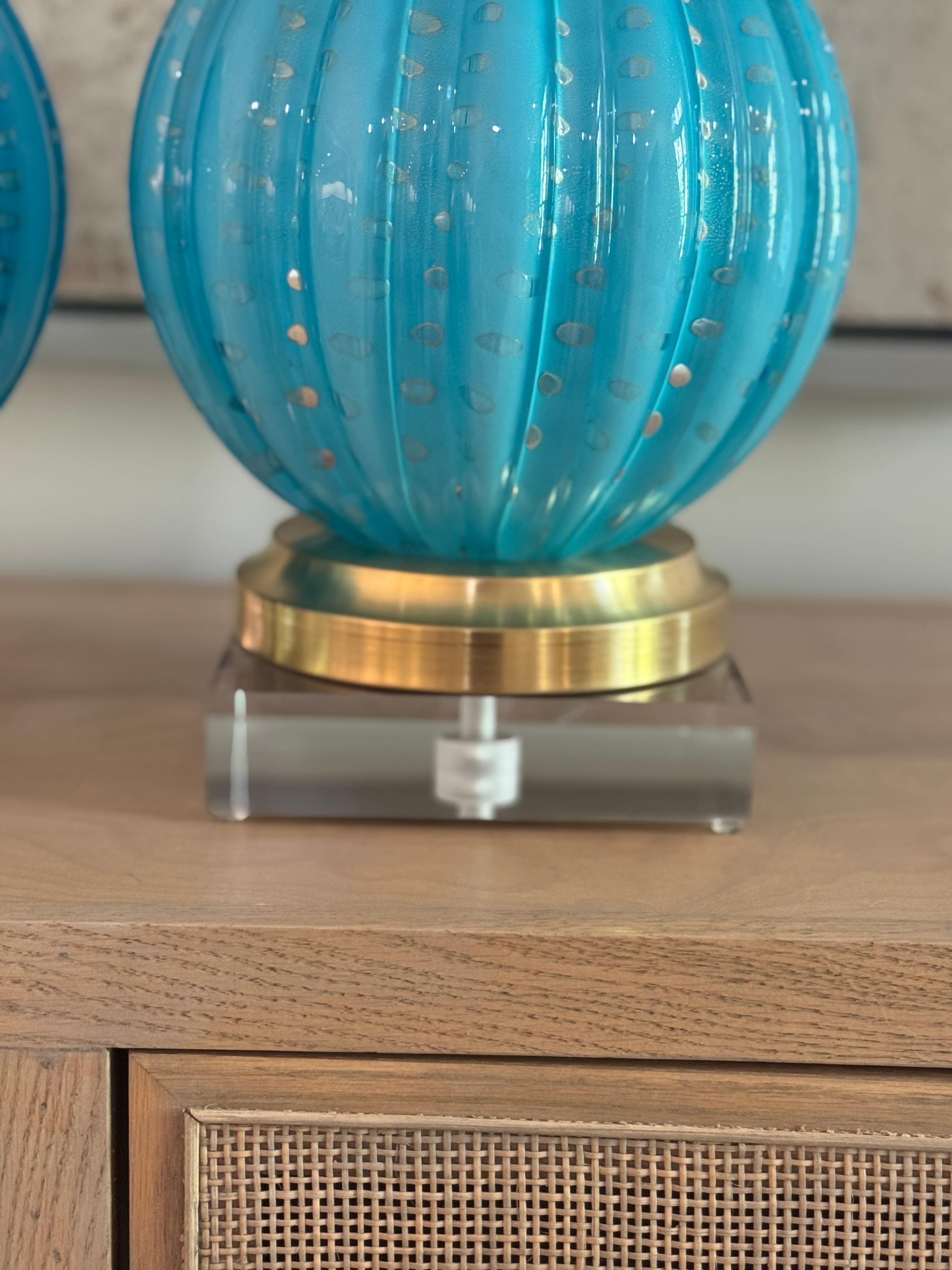 Lampes Vintage en verre Murano Teal avec bulles contrôlées en feuille d'or en vente 5